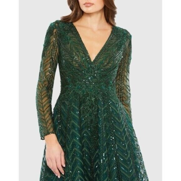 MAC DUGGAL Size 22 Green 20399 EMBELLISHED LONG SLEEVE WRAP OVER Cocktail DRESS - Picture 2 of 12